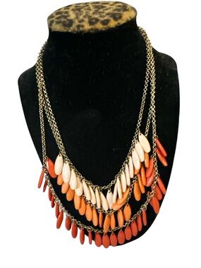 Vintage Orange & Cream Layered Teardrop Necklace brass triple chain nice